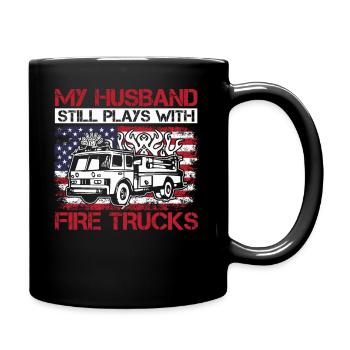 Mon mari joue toujours avec des camions de pompiers - Mug uni - noir - Droite