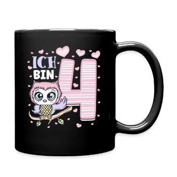 Vierter Geburtstag Mädchen 4 Jahre Eule - Tasse einfarbig - Schwarz - Rechts