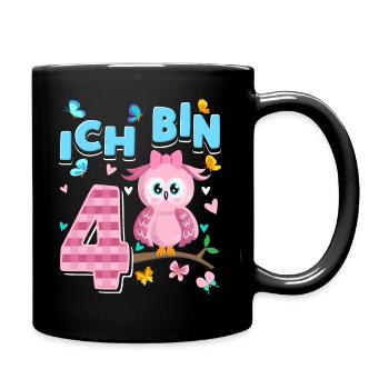 Vierter Geburtstag Mädchen 4 Jahre Eule - Tasse einfarbig - Schwarz - Rechts