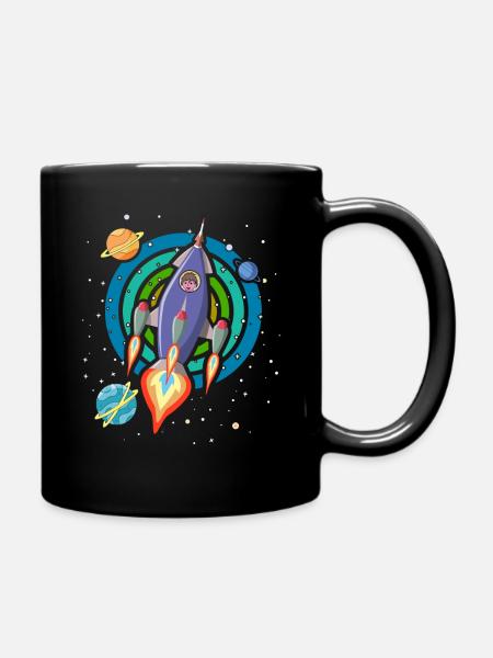 Rocket in space with planets and stars - Full Colour Mug - black
