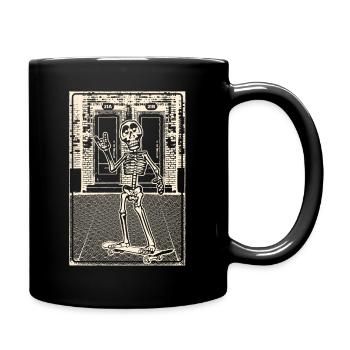 Skelett mit Skateboard vor Backsteinmauerwerk - Tasse einfarbig - Schwarz - Rechts