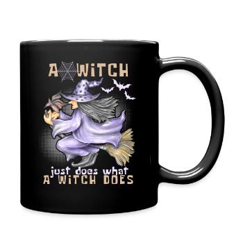 Hexe, Hexe auf Besen, Halloween, lustiger Spruch - Tasse einfarbig - Schwarz - Rechts