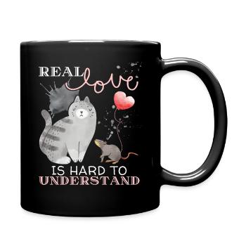 Katze, Maus, Liebe-Valentinstag, Real-Love Spruch - Tasse einfarbig - Schwarz - Rechts