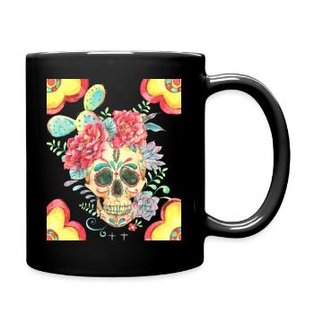 Crâne de sucre mexicain avec fleurs et cactus - Mug uni - noir - Droite