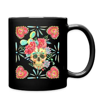 Mexikanischer Sugar-Skull, Herz-Heart und Kaktus - Tasse einfarbig - Schwarz - Rechts