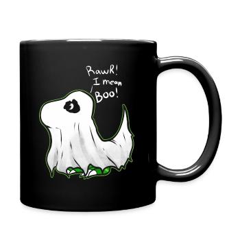 Cute Comic T-rex Tyrannosaurus Dressed As Ghost - Full Colour Mug - black - Right