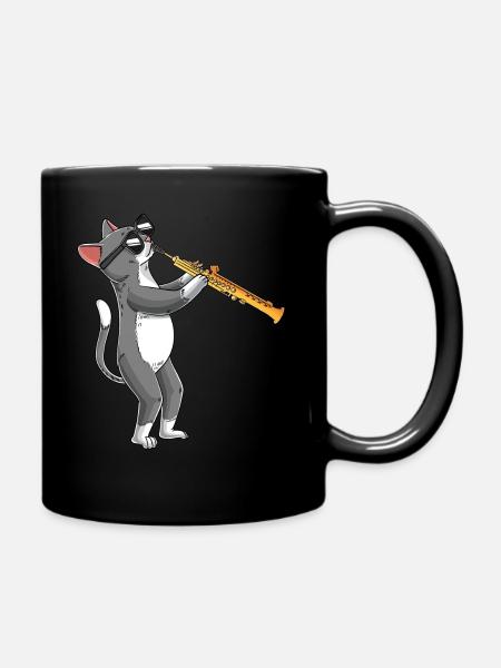 Katze Spielt Sopransaxophon Saxophonist Jazz - Tasse einfarbig - Schwarz