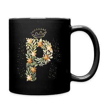 Monogramm Buchstabe P mit Krone, florales Ornament - Tasse einfarbig - Schwarz - Rechts