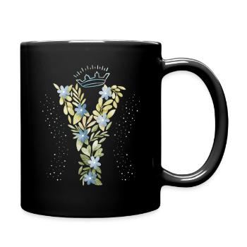 Monogramm Buchstabe Y mit Krone, florales Ornament - Tasse einfarbig - Schwarz - Rechts