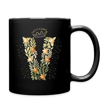 Monogramm Buchstabe V mit Krone, florales Ornament - Tasse einfarbig - Schwarz - Rechts