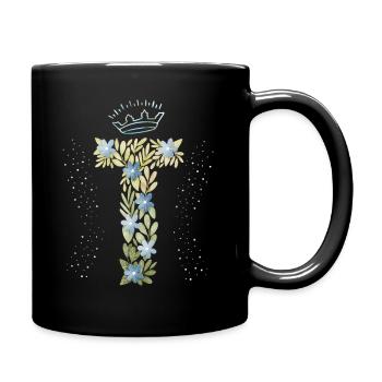 Monogramm Buchstabe T mit Krone, florales Ornament - Tasse einfarbig - Schwarz - Rechts