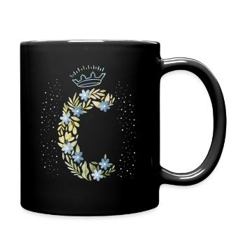 Monogramm Buchstabe C mit Krone, florales Ornament - Tasse einfarbig - Schwarz - Rechts