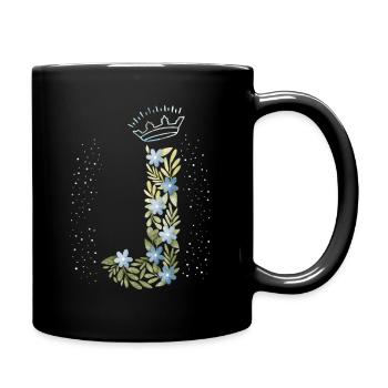 Monogramm Buchstabe J mit Krone, florales Ornament - Tasse einfarbig - Schwarz - Rechts