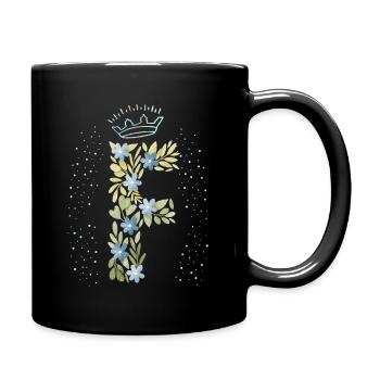 Monogramm Buchstabe F mit Krone, florales Ornament - Tasse einfarbig - Schwarz - Rechts