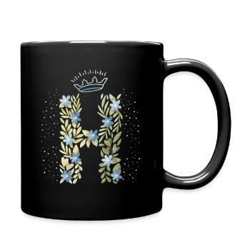 Monogramm Buchstabe H mit Krone, florales Ornament - Tasse einfarbig - Schwarz - Rechts
