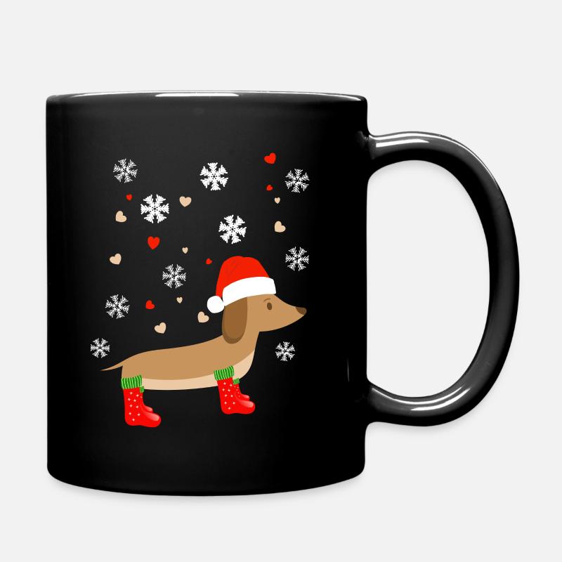 Lustiger Dackel im Winter mit Wiehnachtsmütze - Tasse einfarbig - Schwarz
