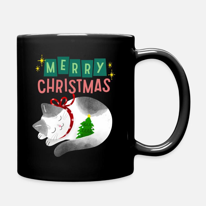 Katze mit Weihnachtsbaum, Weihnachten Spruch - Tasse einfarbig - Schwarz
