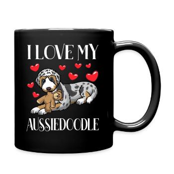 Aussiedoodle dog with cuddly toy - Full Colour Mug - black - Right