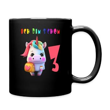 Ich bin schon 3 Süsses Einhorn mit Rucksack Motiv - Tasse einfarbig - Schwarz - Rechts