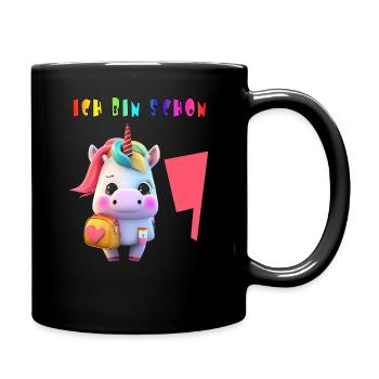 Ich bin schon 7 Süsses Einhorn mit Rucksack Motiv - Tasse einfarbig - Schwarz - Rechts