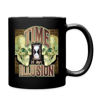 Skull, lachender Totenkopf, Sanduhr, Zeit-Spruch - Tasse einfarbig - Schwarz - Rechts