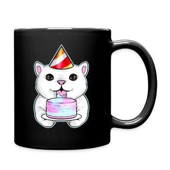 White Cat With Party Hat Licks A Birthday Cake On - Full Colour Mug - black - Right