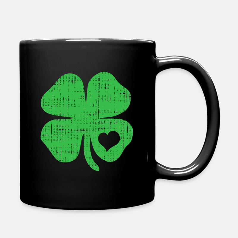 Green Four Leaf Clover Heart St Patricks Day - Full Colour Mug - black