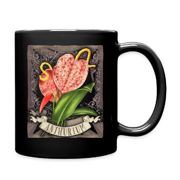 Vintage Anthurie, botanische Blumen Illustration - Tasse einfarbig - Schwarz - Rechts