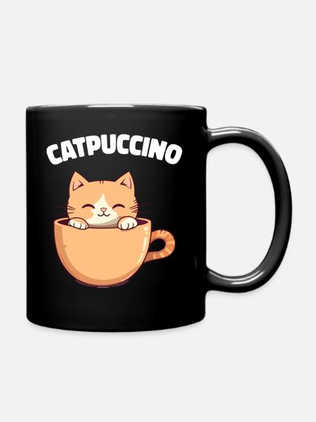 Catpuccino cat in coffee cup - Full Colour Mug - black