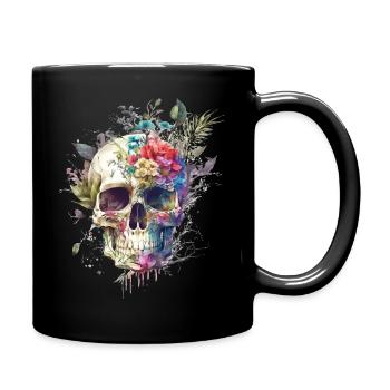 Totenkopf mit Blumen - Tasse einfarbig - Schwarz - Rechts