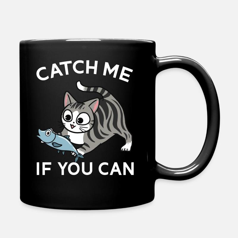 Cute tabby cat with a fish - Full Colour Mug - black