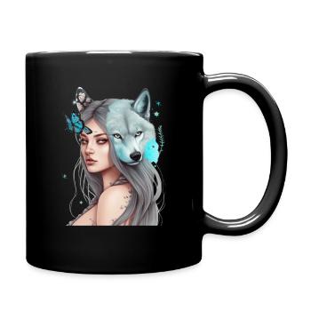 Schöne Mädchen- und Wolfsschmetterlingsgrafik - Tasse einfarbig - Schwarz - Rechts