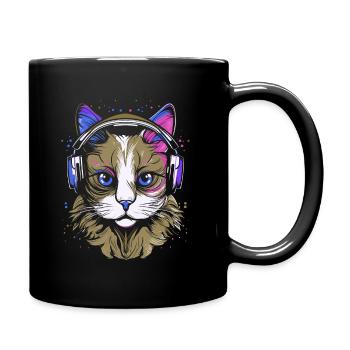 Cat wearing headphones colorful illustration - Full Colour Mug - black - Right