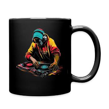 DJ mixt auf seinen Plattentellern - knallige Farben - Tasse einfarbig - Schwarz - Rechts