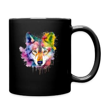 Wolf Splash Art Tiergesicht Wolfsliebhaber Aquarell - Tasse einfarbig - Schwarz - Rechts
