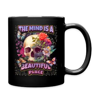 Skull Totenkopf Schädel mit Vintage Blumen, Spruch - Tasse einfarbig - Schwarz - Rechts