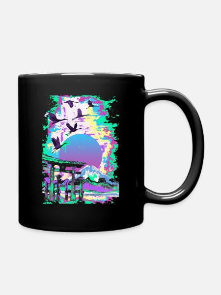 Japanese Woodblock Landscape Vaporwave Aesthetic - Full Colour Mug - black