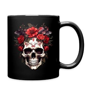 Goth Gothique Crâne Horreur Crâne Fleurs rouges - Mug uni - noir - Droite