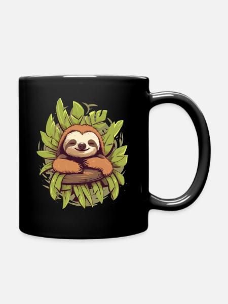 Süßes Cartoon Faultier chillt auf einem Ast - Tasse einfarbig - Schwarz