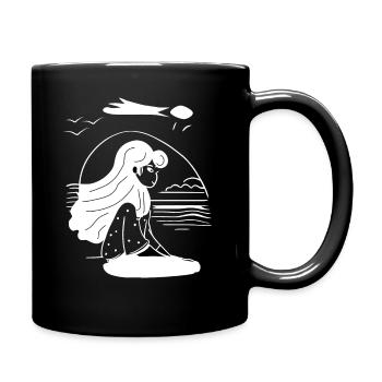 A woman on the beach does yoga - Full Colour Mug - black - Right