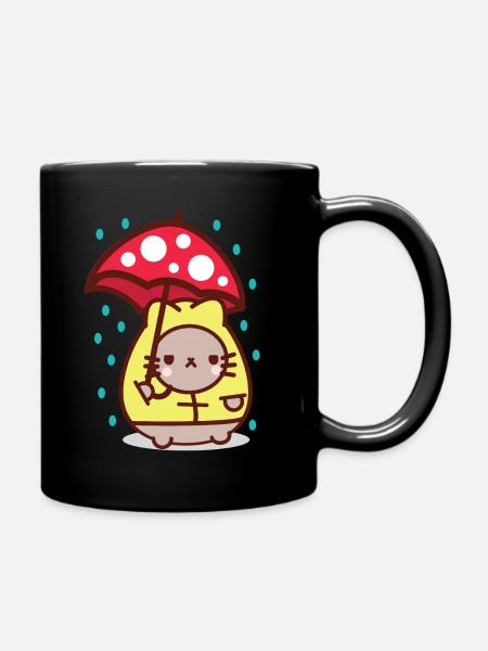 Cute Kawaii Cat in Rain with Toadstool Umbrella - Full Colour Mug - black