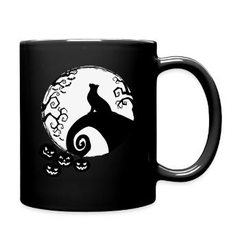 Halloween Schwarze Katze vor Vollmond mit Kürbis - Tasse einfarbig - Schwarz - Rechts