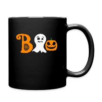 Lustiges Halloween "Boo" mit Kürbis und Gespenst - Tasse einfarbig - Schwarz - Rechts