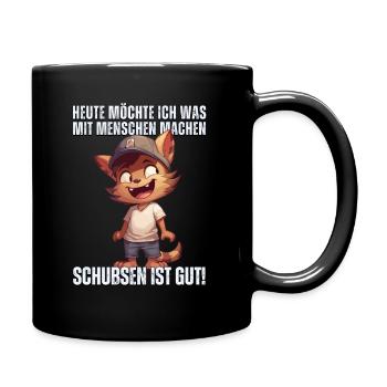 "Heute Menschen schubsen" - Sarkastische Katze - Tasse einfarbig - Schwarz - Rechts