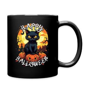 Süße Schwarze Katze auf Kürbis - Happy Halloween! - Tasse einfarbig - Schwarz - Rechts