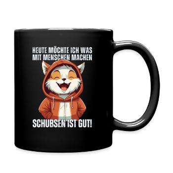 Cartoon Katze in Hoodie: "Heute Menschen schubsen" - Tasse einfarbig - Schwarz - Rechts