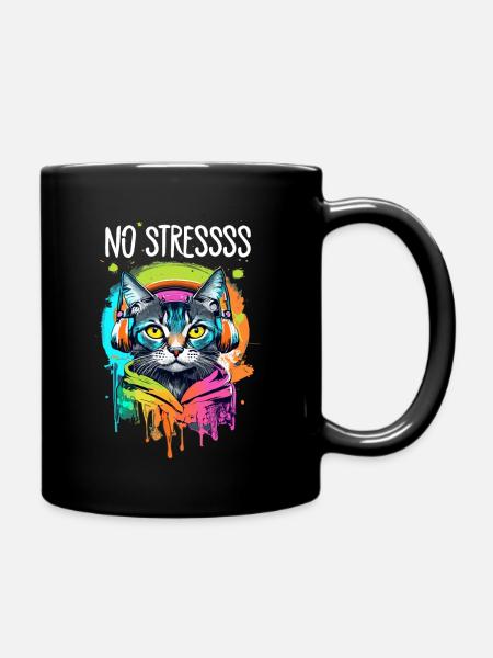 Katzenmotiv Musikliebhaber Spruch NO STRESS - Tasse einfarbig - Schwarz