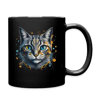 Katze Porträt Bunt Kunstwerk | Tiermotiv Katze - Tasse einfarbig - Schwarz - Rechts