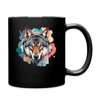 Wolf Headphones Portrait Artwork | Animal motif wolf - Full Colour Mug - black - Right