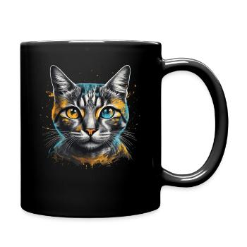 Katze Porträt Bunt Kunstwerk | Tiermotiv Katze - Tasse einfarbig - Schwarz - Rechts